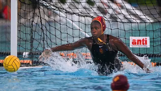 Jada Ward lunges for a save vs. Princeton in the 2023 NCAA semifinals in Stockton