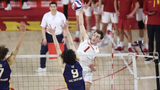 USC men's volleyball junior outside hitter Dillon Klein attacks the ball in a match against UC Irvine at Galen Center