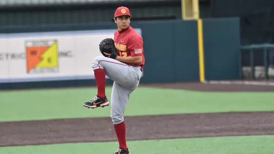 Caden Aoki pitches against Rice at Reckling Park in Houston.