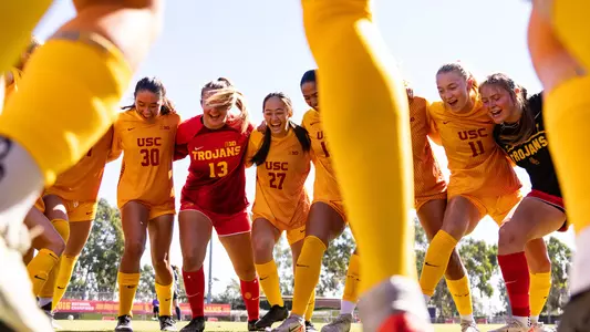 USC Women's Soccer huddles pregame before its regular season contest against Penn State at Dignity Health Sports Park.