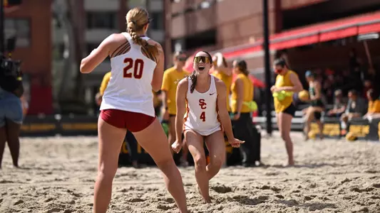 USC beach volleyball sophomore Mabyn Thomas celebrates a point in a win over Concordia at Merle Norman Stadium.