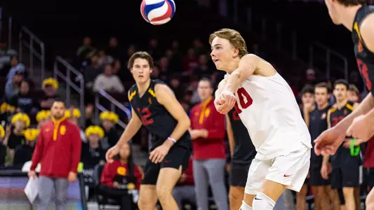 USC men's volleyball freshman libero Johnny Dykstra passes a serve in a match against Emmanuel at Galen Center.