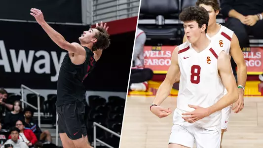 USC men's volleyball junior OH Dillon Klein and freshman MB Parker Tomkinson in a split graphic to celebrate MPSF weekly awards