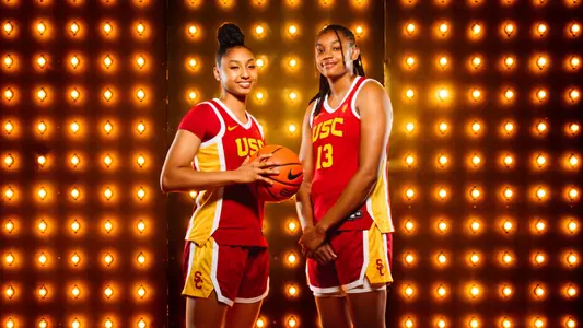 JuJu Watkins and Rayah Marshall pose together during a USC photo shoot.