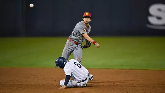Abbrie Covarrubias makes a throw to first on a double play attempt at Cal State Fullerton.