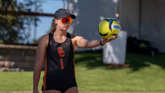 USC beach volleyball sophomore Ashley Pater prepares to serve a ball