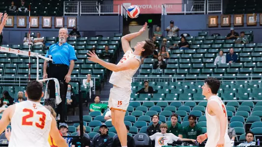 USC men's volleyball redshirt senior opposite hitter Jack Deuchar attacks the ball during a 3-0 win over No. 19-ranked Penn State at the SimpliFi Arena at Stan Sheriff Center in Honolulu, Hawaii, as part of the Outrigger Invitational