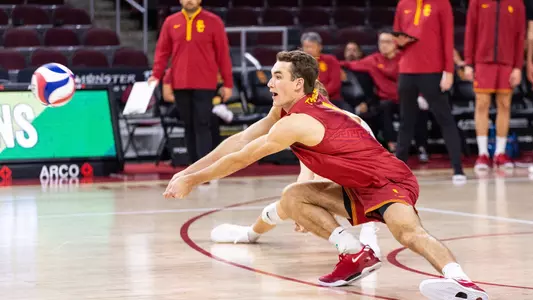 USC men's volleyball junior outside hitter Dillon Klein passes a ball during a match at Galen Center.