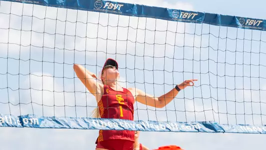 USC beach volleyball sophomore Ashley Pater goes up to attack a ball in a dual match against FGCU in the FAU Beach Invitational at the Pompano Beach Pier in Pompano Beach, Floria