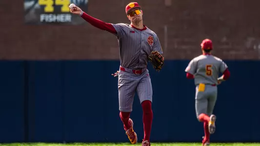 USC shortstop Bryce Martin-Grudzielanek makes a throw during the second game against Michigan.