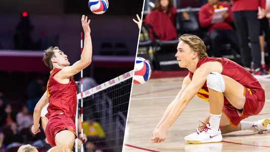 Split graphic of Dillon Klein and Johnny Dykstra who won MPSF Men's Volleyball Player of the Week awards