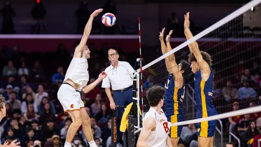USC men's volleyball outside hitter Dillon Klein goes up to attack a ball during a match against UC Irvine at Galen Center.