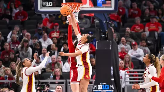 JuJu Watkins blocks an Indiana shot at the Big Ten Tournament