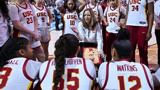 Lindsay Gottlieb addresses her team during a timeout in a game at Galen Center.