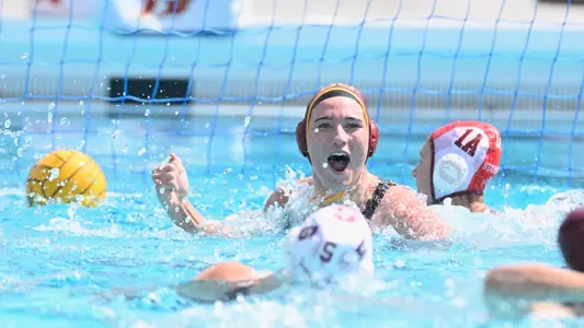 Tilly Kearns celebrates one of her six goals scored against Stanford at Uytengsu Aquatics Center.