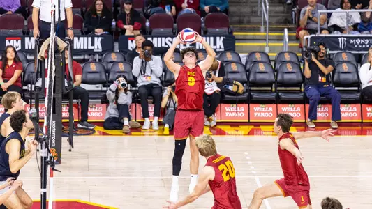USC men's volleyball sophomore setter Caleb Blanchette sets the ball in a match at Galen Center.