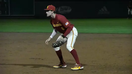 Dean Carpentier plays 1st base during the Trojans game against UCSB.