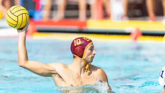 Andrej Grgurevic looks to shoot in a game at Uytengsu Aquatics Center.