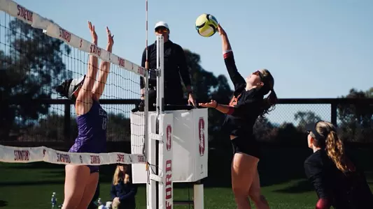 USC beach volleyball sophomore Zoey Henson goes up to attack the ball in a dual against Grand Canyon at the MPSF Midseason Rumble at Stanford Beach Volleyball Stadium in Stanford, Calif.