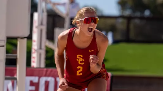 USC beach volleyball junior Delaney Karl celebrates a point during a dual against Oregon in the MPSF Midseason Rumble at the Stanford Beach Volleyball Stadium in Stanford, California.