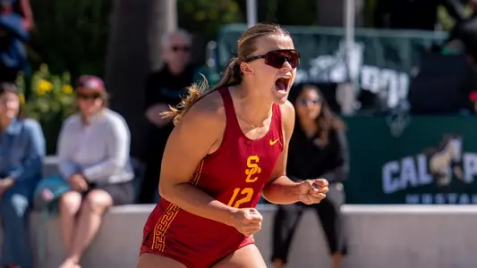 USC beach volleyball sophomore Zoey Henson celebrates a point during a match against Stanford at the Center of Effort Challenge in San Luis Obispo.