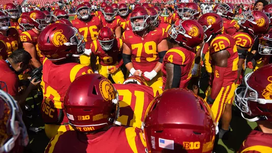 USC football pregame team huddle