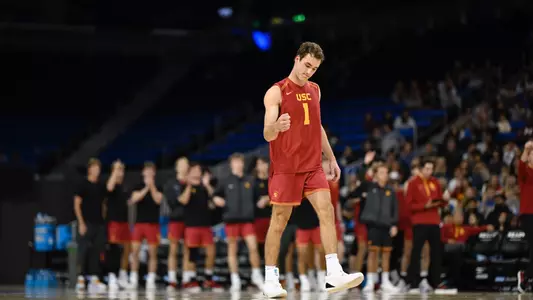 USC men's volleyball junior outside hitter Dillon Klein celebrates a point in a match against UCLA at Pauley Pavilion
