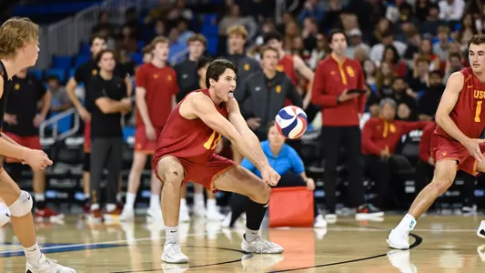 USC men's volleyball freshman outside hitter Sterling Foley passes a ball against UCLA at Pauley Pavilion