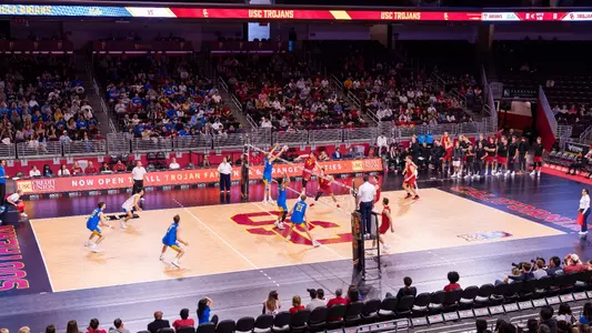 USC men's volleyball in action against crosstown rival UCLA at the Galen Center on April 19, 2025.