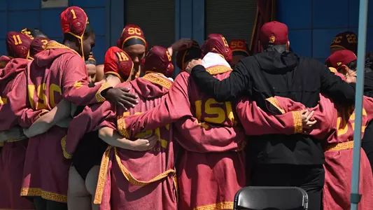 USC team huddles up ahead of a game at the MPSF Tournament in Westwood.