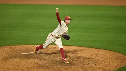 Brodie Purcell throws a pitch during the Trojans game on Friday night against Ohio State.