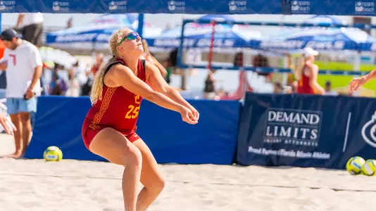USC beach volleyball sophomore Kaileigh Truslow passes the ball.
