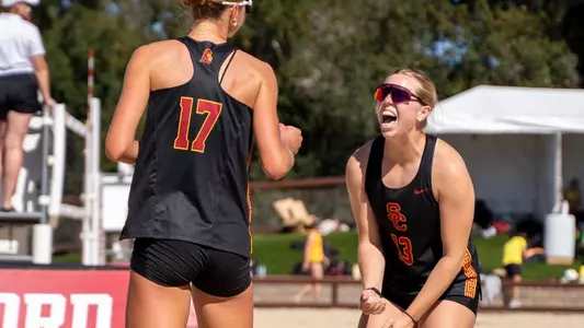 USC beach volleyball graduate Ella Larkin celebrates a point with partner Delaney Karl at the MPSF Midseason Rumble in Stanford, Calif.