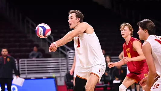USC men's volleyball junior outside hitter Dillon Klein passes a ball during a match against Pepperdine at Galen Center.