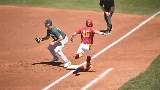 Brayden Dowd runs to first base, reaching safely in Game 2 against Michigan State.