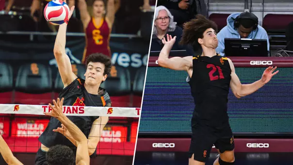 Split graphic of USC men's volleyball middle blocker Parker Tomkinson and outside hitter Kevin Kobrine to accompany a news release on their selection to the USA Men's National Team for the VNL championship