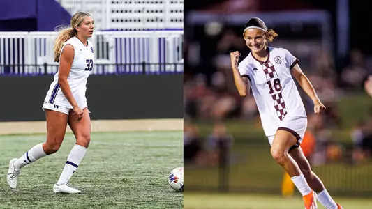 Sine by side action shots of Tanna Schornstein from Northwestern and Ines Simas from Mississippi State