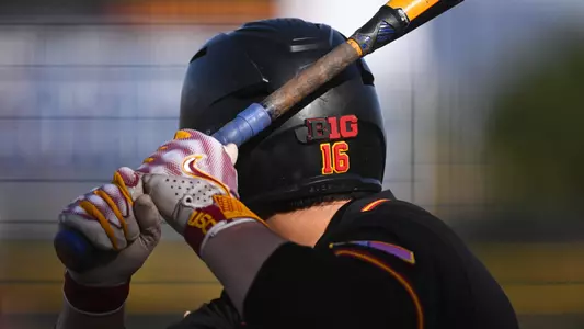 Brayden Dowd stands ready to hit, with a close up shot on the back of his helmet and hands holding a bat.