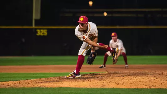 Grant Govel throws a pitch on the mound during Game 1 against Michigan State.
