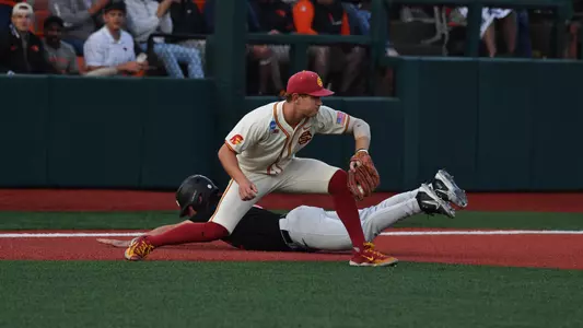 Ethan Hedges fields a ground ball at third base during USC’s NCAA Regional game against Oregon State.