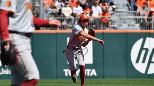 Bryce Martin-Grudzielanek throws across the diamond during USC’s final NCAA Regionals game against Oregon State.