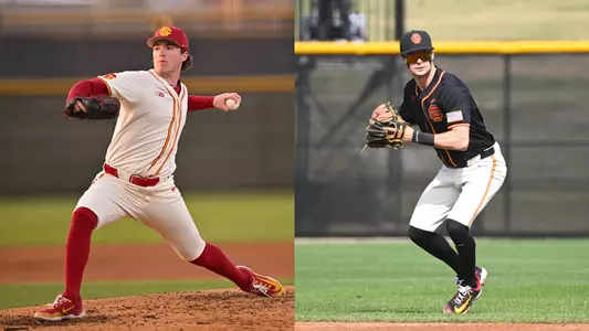 Action shots of Caden Hunter pitching on the left and Bryce Martin-Grudzielanek fielding on the right.