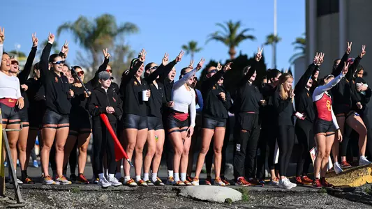 USC athletes and fans cheer during the Trojans' dual meet win over UCLA at Port of Los Angeles