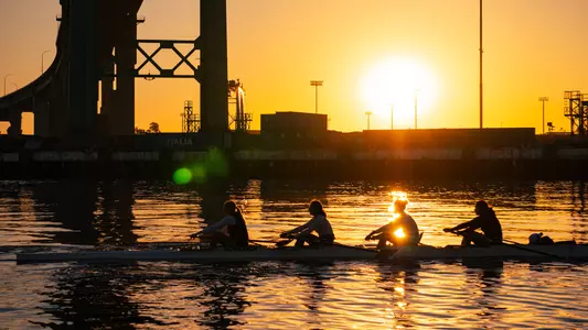 USC rowers practice at Port of Los Angeles at sunrise