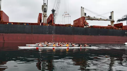 Four USC V8 boats practice at Port of Los Angeles