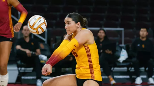 USC women's volleyball senior libero Gala Trubint passes the ball during a scrimmage against Pepperdine at Galen Center.