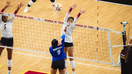 USC women's volleyball outside hitter London Wijay goes up to block an attack in a match against No. 13 Creighton at Galen Center