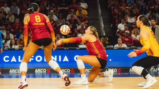 USC women's volleyball freshman opposite hitter Abigail Mullen passes a ball in a match against Denver at Galen Center
