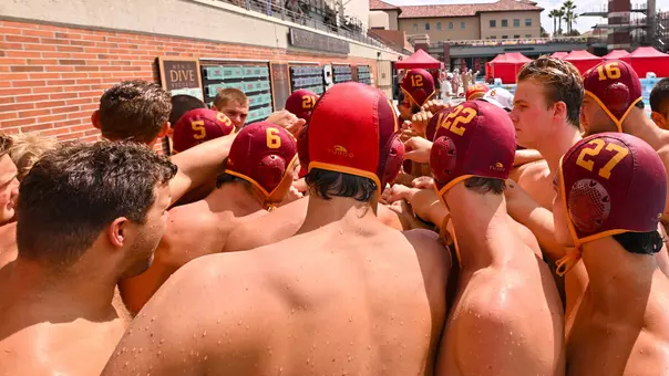 USC team huddles up before a game at Uytengsu Aquatics Center