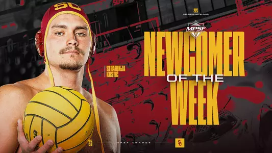 USC men's water polo freshman Strahinja Krstic MPSF Newcomer of the Week graphic